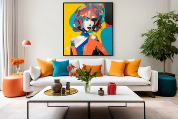 Fotobehang Scandinavian interior design of modern living room, home. Colorful vibrant pillows on white sofa against wall with art poster frame. © Vadim Andrushchenko