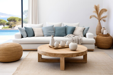 Coastal interior design of modern living room, home. Round wooden coffee table, wicker pouf near white sofa with blue pillows against window and white wall with copy space.