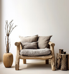 Rustic wooden log lounge armchair, side stump table and wooden vase with twig against blank white wall with copy space. Boho interior design of modern living room, home.