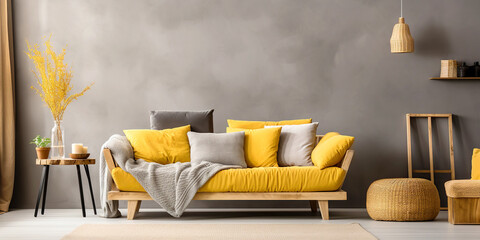 Scandinavian interior design of modern living room, home. Rustic yellow sofa, wicker pouf against grey concrete wall with copy space. - 760505048