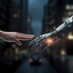 A futuristic robot hand reaching out for human touch - obrazy, fototapety, plakaty