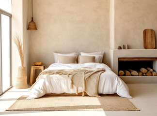 Obraz premium Boho interior design of modern bedroom. Bed against stucco wall with copy space.