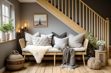 Farmhouse interior design of modern living room, country home. Wooden bench with grey pillows and fur plaid against wooden staircase railing.