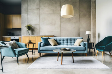 Loft interior design of modern living room, home. Blue sofa and armchairs in studio apartment against tiled concrete wall.