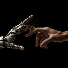 A futuristic robot hand reaching out for human touch