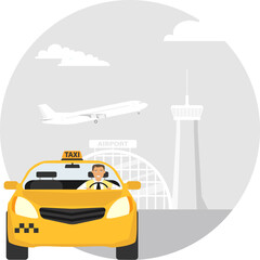 Taxi transfer to the airport. Delivery of passengers to the airport by taxi. Vector, design illustration. Vector.