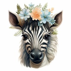 super cute closeup zebra portrait with a floristic border, exquisite children book illustration, fairytale, artistic, minimalistic illustration, hand drawn doodle, pastel painting, white background - obrazy, fototapety, plakaty