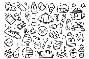 Doodle set of objects from a child's life, black and white outline.