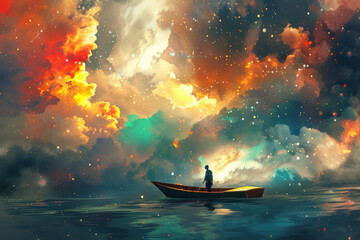 Man on a boat in the outer space with colorful cloud, illustration.