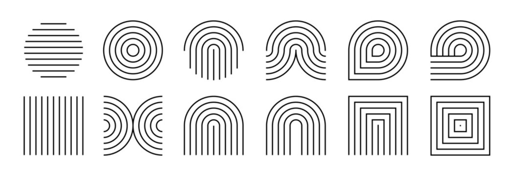 Line geometric arch and circle abstract shapes. Contemporary mid century line design set.