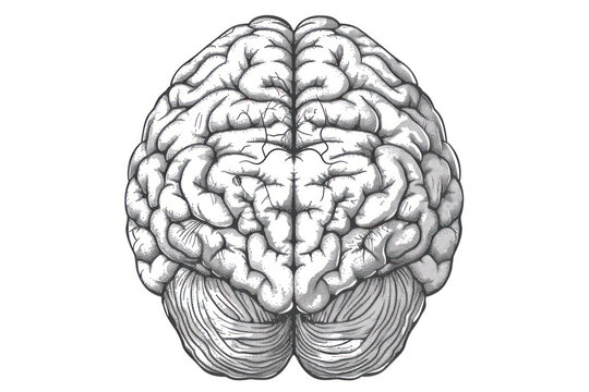 Monochrome engraving brain illustration in top view on white background.