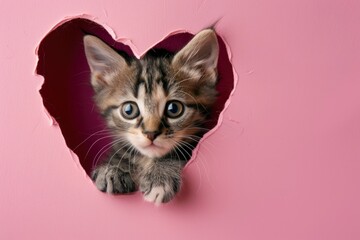 Fototapeta na wymiar Gray kitten peeks out of a heart-shaped hole on a pink background. Blank design for Valentine's Day, greeting card, expression of love. Copy space with generative ai