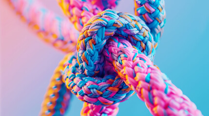 Strong climbing knot with pastel colored ropes on clean light background. Team building concept. Generative AI