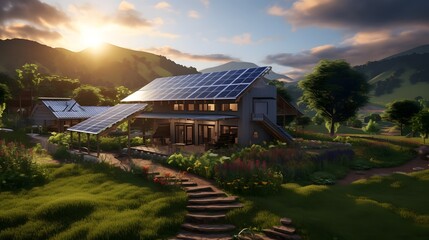 a self-sustaining off-grid home with solar panels, rainwater harvesting systems, and regenerative agriculture practices
 - obrazy, fototapety, plakaty