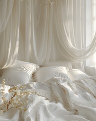 Fototapeta na wymiar A canopy bed with white linens and pillows, surrounded by transparent curtain