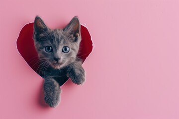 Gray kitten peeks out of a heart-shaped hole on a pink background. Blank design for Valentine's Day, greeting card, expression of love. Copy space with generative ai