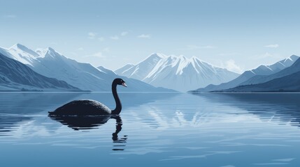 Tranquil lake landscape with a graceful black swan peacefully floating, enhancing the serene beauty