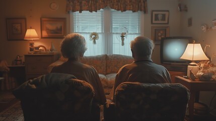 Senior caucasian woman and man pensioner husband and wife sitting on the couch at home - Old age people married couple retirement and togetherness concept selective focus on female - Powered by Adobe