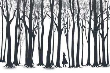 Obraz premium Simple linear art image of woman strolling alone in forest with tall trees on white background.