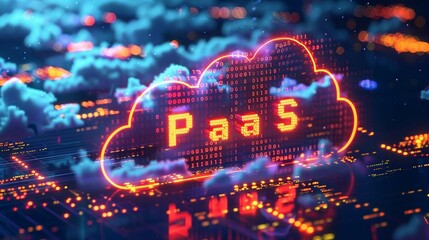 matrix binary code forms the acronym PaaS with cloud icon , symbolizing the concept of Platform as a Service.
