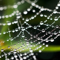 A macro shot of a dew-covered spider web.