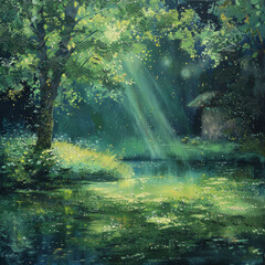 A painting featuring a dense forest scene with a canopy of trees under sunlight filtering through, creating a play of light and shadow