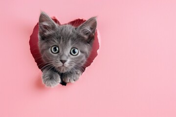 Gray kitten peeks out of a heart-shaped hole on a pink background. Blank design for Valentine's Day, greeting card, expression of love. Copy space with generative ai