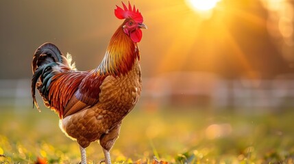 Majestic rooster crowing at sunrise on a picturesque rural farmstead, creating a serene dawn scene