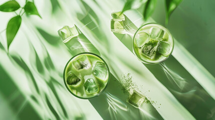 Top view of an iced matcha latte on a pastel green background with ice cubes. Refreshing cold drink. Generative AI