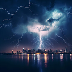 Naklejka na ściany i meble Dramatic lightning storm over a city skyline. 