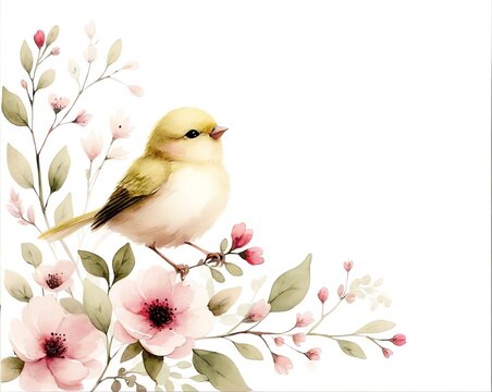 Watercolor painting of bird perched among blooming flowers for frame, corner and border invitation