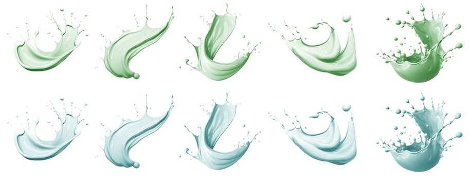 2 Set of pastel green turquoise blue cream liquid paint ink splash swirl wave on transparent background cutout, PNG file. Many assorted different design. Mockup template for artwork graphic design