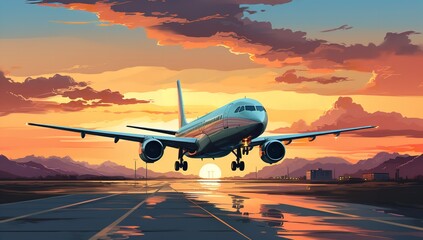 Realistic Photo of an Airplane Taking Off from Airport Runway: Aviation and Travel Concept

 - obrazy, fototapety, plakaty