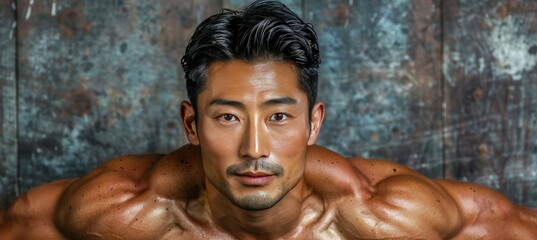 Fototapeta na wymiar Young asian man demonstrating strength and focus in energetic workout poses against studio backdrop