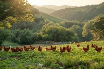 Fototapeta premium A flock of Organic Free Range wild Brown Chickens on a traditional poultry farm walking on a Grass field at sunset with the background of a natural tree. 
