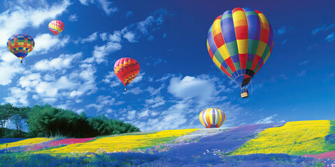 Hot Air Balloons Drift Over a Flower Field, Painting the Horizon with Vibrant Hues