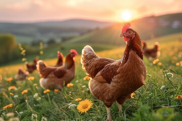 Fototapeta premium A flock of Organic Free Range wild Brown Chickens on a traditional poultry farm walking on a Grass field at sunset with the background of a natural tree. 