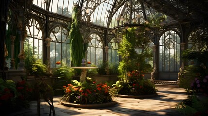  a Victorian greenhouse with ornate wrought iron details and an abundance of exotic plants
