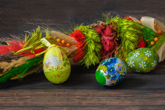 Easter. Colorful Easter eggs and Easter palm
