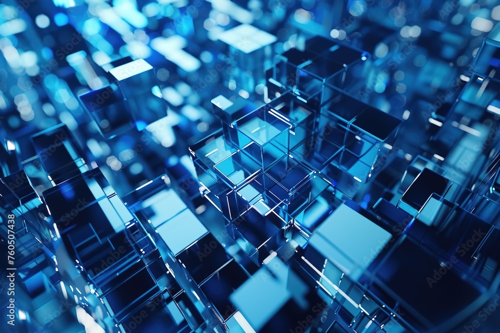 Poster interconnected square boxes floating. blue background. technology concept blockchain digital decentr