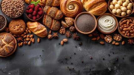 Ingredients for bakery on the dark culinary background. 