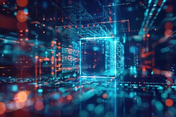 Fototapeta premium Blue Hologram frame Technology Concept. Opening a portal, warping through dimensions, large data, futuristic. Blue binary wormhole 