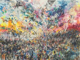 A vibrant painting showcasing a large crowd of diverse individuals gathered together, depicting a lively and bustling scene