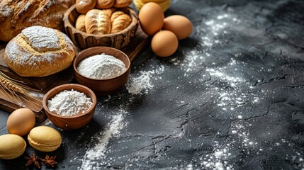 Ingredients for bakery on the dark culinary background. 