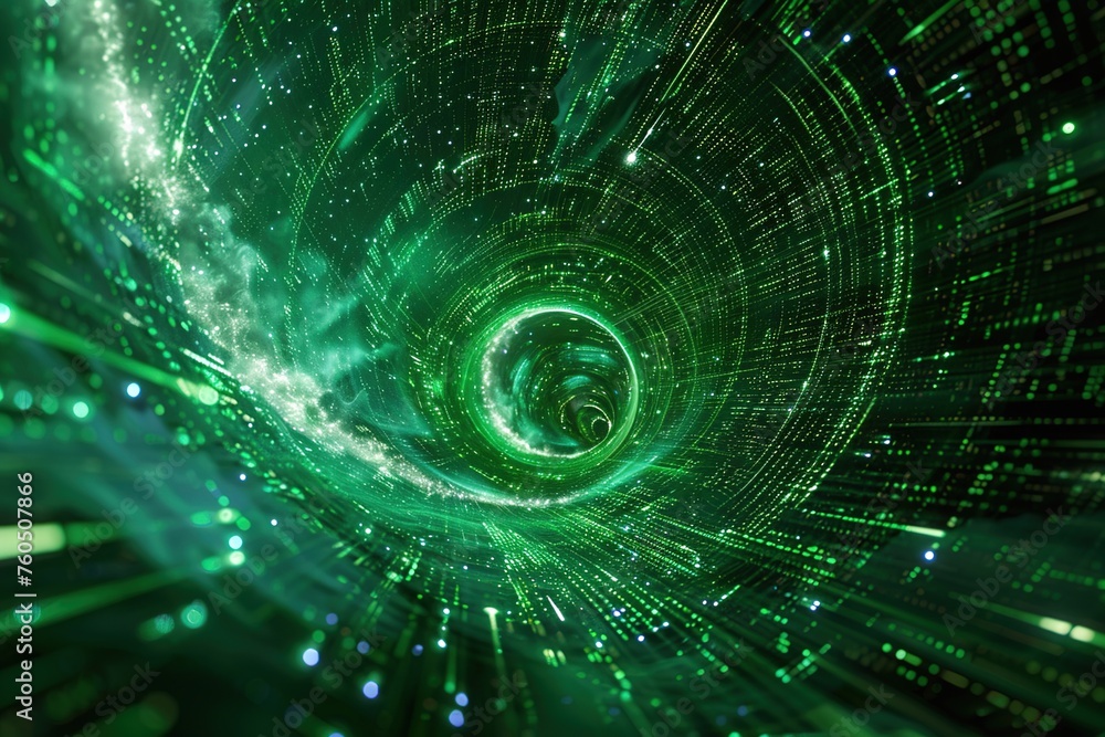 Poster green binary wormhole 3d rendering. concept, large circle of light, opening a portal, warp, through 