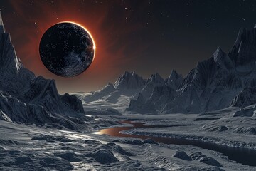 The moon covers the sun in a beautiful solar eclipse. Digital illustration concept. 3D rendering. 