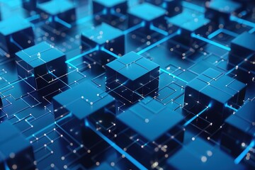 Blockchain Cubic Interconnected square boxes. Blue background. Technology concept 3D rendering.