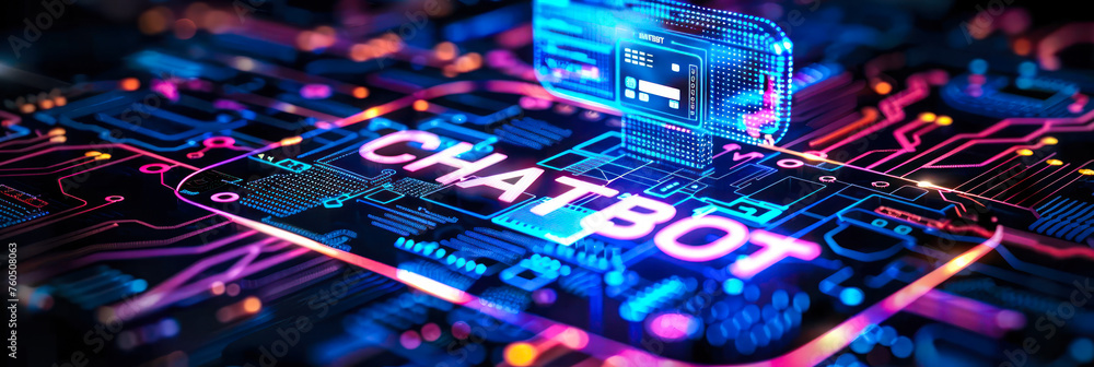 Poster futuristic digital chatbot technology interface with glowing circuit board - ai customer support con