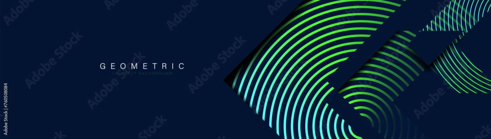Poster abstract design with green glowing circle geometric lines with arrows background. modern minimal tre