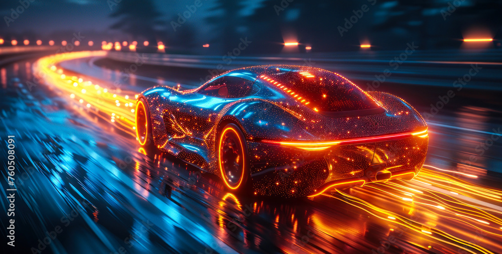 Poster high-speed autonomous vehicle with dynamic light trails on a highway, representing the concept of fu